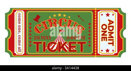 Klassisches Zirkusticket mit Grün- und Rot-Farbschema, Vintage-Typografie und Zirkuszeltillustration. Eintrittskarte für Messe Stock Vektor