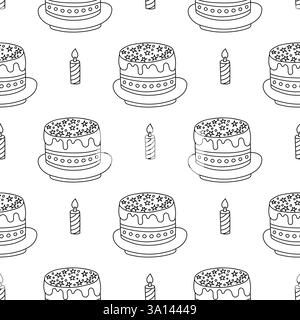 Handgezeichnetes nahtloses Schwarz-weiß-Muster mit Geburtstagskuchen mit Kerzen und dekorativen Sternen. Einfarbiger festlicher Hintergrund für Design Stock Vektor