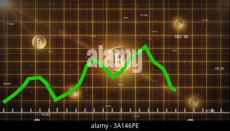 Bild des grünen Diagramms, das Daten auf dem Raster über leuchtenden Bitcoins auf dunklem Hintergrund verarbeitet Stockfoto