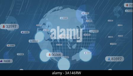 Bild von Social-Media-Symbolen mit Zahlen über der Globe und Linien auf blauem Hintergrund Stockfoto