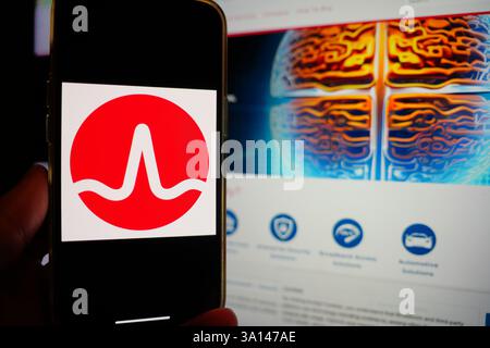 Roosendaal, Niederlande - 6. März 2025: Ein Mobiltelefon mit dem Logo von Broadcom und der Website des Unternehmens im Hintergrund. Stockfoto