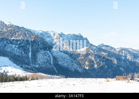 Eine ruhige Winterszene mit Nadelbäumen im Vordergrund und schneebedeckten Berghängen im Hintergrund Stockfoto