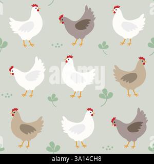 Nahtloses Muster mit verschiedenfarbigem Huhn. Stockfoto