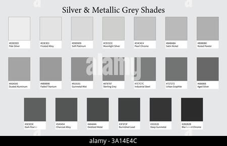 Farbpaletten 20 Schattierungen Silber und Metallic Grey – Platinum, Cool, Neutral – mit HEXADEZIMALCODES und -Namen, Farbfeldern und Kombinationen Stock Vektor