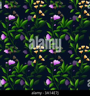 Schöne grüne Brunches mit rosa und gelben Blumen auf schwarzem Hintergrund, nahtloses Muster Stockfoto