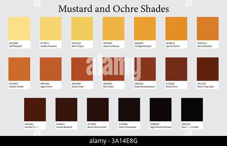 Farbpalette 20 Senf- und Ocker-Schattierungen – Dunkelgelb, Erdfarben, rustikale Farben – mit HEXADEZIMALCODES und Namen, Farbmustern und Kombinationen Stock Vektor