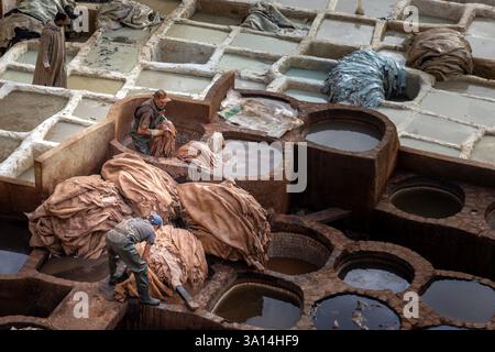 Die Gerberindustrie ist eine beliebte Touristenattraktion in Fès, Marokko, wo noch drei Gerbereien in der Altstadt betrieben werden. Stockfoto