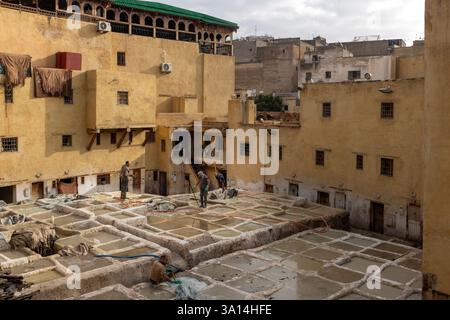 Die Gerberindustrie ist eine beliebte Touristenattraktion in Fès, Marokko, wo noch drei Gerbereien in der Altstadt betrieben werden. Stockfoto