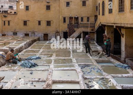 Die Gerberindustrie ist eine beliebte Touristenattraktion in Fès, Marokko, wo noch drei Gerbereien in der Altstadt betrieben werden. Stockfoto