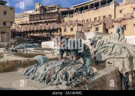 Die Gerberindustrie ist eine beliebte Touristenattraktion in Fès, Marokko, wo noch drei Gerbereien in der Altstadt betrieben werden. Stockfoto