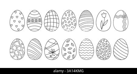 Osterfeierssymbol umrissen verzierte Eier in einfacher Kritzelvektor-Illustration für Frühling festliche Zeit Dekor, Malseite, Grußkarten, Einladungen, Banner, Aktivitäten für Kinder Stock Vektor