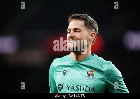 Real Sociedad Torhüter Alejandro Remiro im Achtelfinale der UEFA Europa League, das erste Legspiel in der reale Arena in San Sebastian, Spanien. Bilddatum: Donnerstag, 6. März 2025. Stockfoto