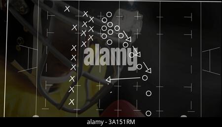 Abbildung des Fußballstrategie-Diagramms über Nahaufnahme des Spielers, der den Ball hält Stockfoto