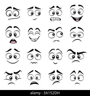 Set Mit Flachen Vektoren Und Ausdrucksstarken Cartoon-Gesichtern. Lustig, Glücklich, Traurig, Wütend, Überrascht, Gefürchtete, Verwirrte Gesichts-Emotion-Kollektion. Gesichtsausdrücke Für Comics Stock Vektor