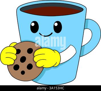 Ein fröhliches blaues Kaffeetassen-Maskottchen mit einem lächelnden Gesicht hält einen köstlichen Schokoladen-Chip-Keks in seinen gelben Händen Stock Vektor
