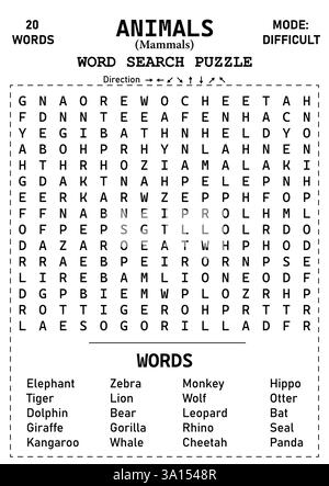 Spannendes und herausforderndes 15x15 Animal Word Search Puzzle mit Säugetieren Ein perfekter Brain Teaser für Kinder, Teenager und Erwachsene, um ihre Fähigkeiten zu testen Stock Vektor
