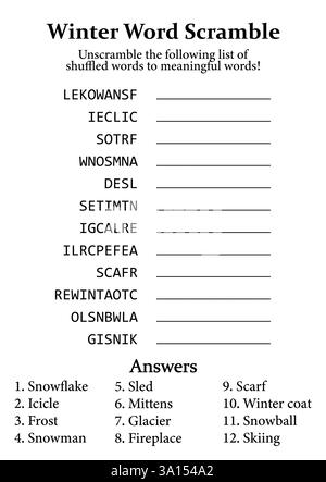 Winterliches Wortspiel und Puzzle, lustiges Lernspiel für Kinder, Teenager und Erwachsene Stock Vektor