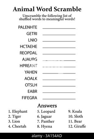 Tierschwörterspiel und Puzzle, lustiges Lernspiel für Kinder, Teenager und Erwachsene Stock Vektor