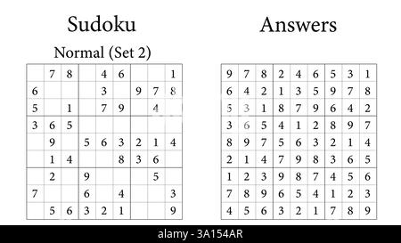 Sudoku Puzzle 9x9 Set 2 Normal mit Antworten, Spaß Gehirn-Training Spiel für Kinder, Teens und Erwachsene, Vektor Stock Vektor