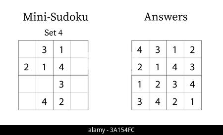 Mini Sudoku Puzzle 4x4 Set 4 für Kinder sehr einfach mit Antworten, Spaß Gehirn Training Mathematik Spiel für Kinder, Vektor Stock Vektor