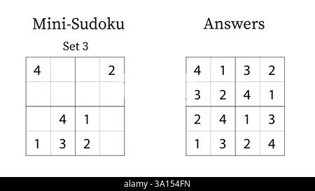 Mini Sudoku Puzzle 4x4 Set 3 für Kinder sehr einfach mit Antworten, Spaß Gehirn Training Mathematik Spiel für Kinder, Vektor Stock Vektor