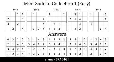 Mini Sudoku Puzzles 4x4 Sammlung 1 für Kinder sehr einfach mit Antworten, 5 Sets Spaß Gehirn Training Mathematik Spiel für Kinder, Vektor Stock Vektor