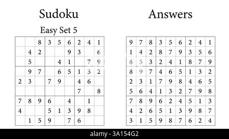Sudoku Puzzle 9x9 Set 5 sehr einfach mit Antworten, Spaß Gehirn-Training Spiel für Kinder, Teens und Erwachsene, Vektor Stock Vektor