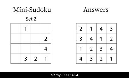 Mini Sudoku Puzzle 4x4 Set 2 für Kinder sehr einfach mit Antworten, Spaß Gehirn Training Mathematik Spiel für Kinder, Vektor Stock Vektor