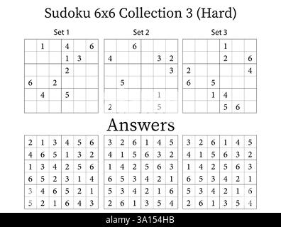 Sudoku Puzzle 6x6 Sammlung 3 hart mit Antworten, Spaß Gehirn Training Spiel für Kinder, Teens und Erwachsene, Vektor Stock Vektor
