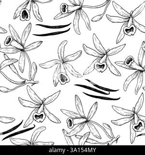 Nahtloses Muster mit Vanille-Orchideenblüten und Stiften im Vintage-Stil. Handgezeichnete Vektorillustration. Stock Vektor