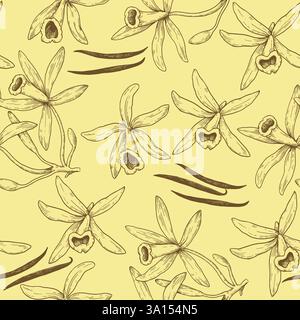 Nahtloses Muster mit Vanille-Orchideenblüten und Stiften im Vintage-Stil. Handgezeichnete Vektorillustration. Stock Vektor