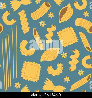 Nahtloses Muster mit Nudeln und Makkaroni, verschiedene Formen und Arten. Handgezeichnete Vektor-Illustration in niedlichem trendigen Stil. Stock Vektor