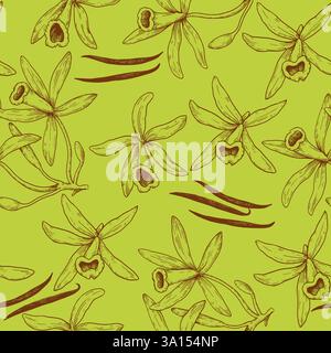 Nahtloses Muster mit Vanille-Orchideenblüten und Stiften im Vintage-Stil. Handgezeichnete Vektorillustration. Stock Vektor