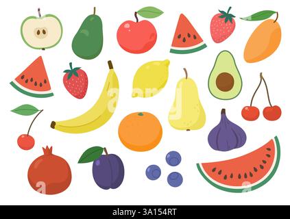 Set aus verschiedenen Früchten und Fruchtscheiben im einfachen Cartoon-Stil. Handgezeichnete Vektorillustration Stock Vektor