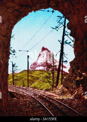 Matterhorn und Gornergrat Eisenbahntunnel, Zermatt, Schweizer Alpen, Wallis, Schweiz 1890. Stockfoto