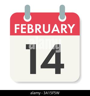 Februar. Valentinstag. Kalenderblatt. Feiertagsdatum. Abbildung isoliert auf weißem Hintergrund. Stockfoto