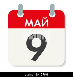 9. Mai: Inschrift auf Russisch. Siegestag. Kalenderblatt. Feiertagsdatum. Abbildung isoliert auf weißem Hintergrund. Stockfoto