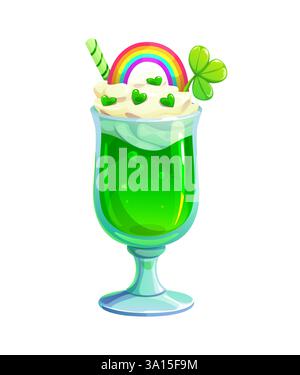 Festlicher grüner Cocktail oder Milchshake in einem hohen Glas, garniert mit Schlagsahne, Regenbogen, Schamrock und gestreiftem Stroh. Cartoon V Stock Vektor