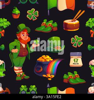 Das nahtlose Muster der St. Patrick Day-Charaktere zeigt einen fröhlichen Kobrechaun, einen Topf Gold am Ende eines Regenbogens, einen grünen Hut, Schamrock und irische fla Stock Vektor