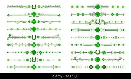 St. Patrick Day Shamrocks Kleeband Rahmen Trennwände für irische Feiertage, Vektordekorationen. Grüner Schamrock, Dreireifen und vierblättriger Kleeblatt-Blumenmuster Stock Vektor