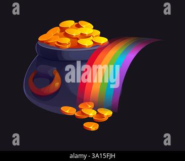Topf Gold am Ende des Regenbogenstags Patrick. Vektor magischer schwarzer Kessel, der mit glänzenden Goldmünzen überflutet wird und einen lebhaften bogenförmigen Regen hat Stock Vektor