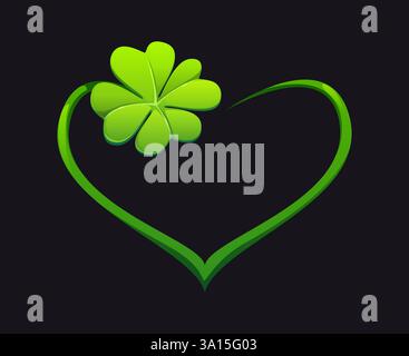 Grüner Herzrahmen mit vierblättrigem Kleeblatt, symbolisiert Liebe, Glück und irisches Erbe. Das Zeichentrickvektorsymbol oder Emblem repräsentiert den Geist von St. Patr Stock Vektor
