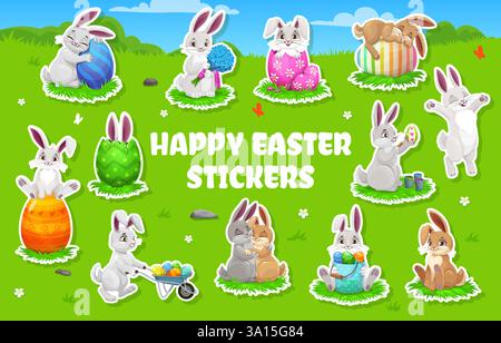 Osterhase Zeichen Aufkleber Pack am Frühling Blume Feld Vektor Hintergrund. Niedliche Aufkleber mit weißem Kaninchen oder Hasen mit Osterurlaub Stock Vektor