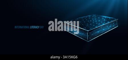 Konzept des Internationalen Alphabetisierungstages. Mit leuchtendem, niedrigem Poly-Buch auf dunkelblauem Hintergrund. Drahtmodell mit niedrigem Poly-Design. Abstrakter futuristischer Vektor Stock Vektor