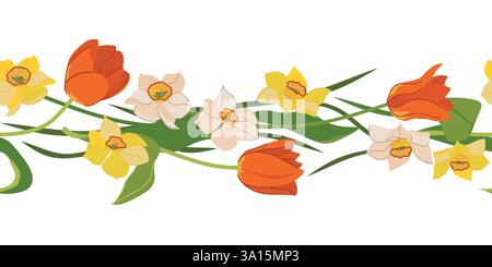 Wunderschöner nahtloser Rand von Tulpen und Narzissen isoliert auf weißem Hintergrund. Rote, gelbe und weiße Frühlingsblumen, Muttertagsgeschenk. Bunte Vektorillustration in flachem Stil. Stock Vektor