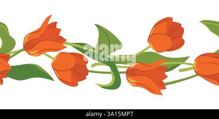 Wunderschöner nahtloser Rand von Tulpen isoliert auf weißem Hintergrund. Rote Frühlingsblumen, Geschenk zum Muttertag, internationaler Frauentag. Bunte Vektorillustration in flacher Art für Hochzeitsdesign. Stock Vektor