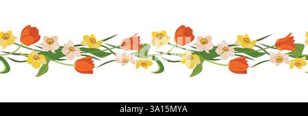 Wunderschöner nahtloser Rand von Tulpen und Narzissen isoliert auf weißem Hintergrund. Rote, gelbe und weiße Frühlingsblumen, Muttertagsgeschenk. Bunte Vektorillustration in flachem Stil. Stock Vektor