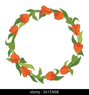Schöner Tulpenkranz isoliert auf weißem Hintergrund. Runder Rahmen aus roten Frühlingsblumen, Geschenk zum Muttertag. Bunte Vektorillustration in flacher Art für Hochzeitsdesign. Stock Vektor