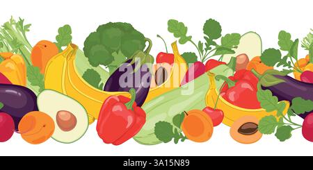 Nahtloser Rand aus natürlichem Obst und Gemüse. Vektor-Agrarprodukte auf weißem Hintergrund. Rettich, Brokkoli, Zucchini, Auberginen, Banane, Kirsche, Aprikose, Avocado, Sellerie, Paprika im Cartoon-Stil Stock Vektor