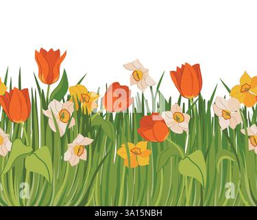 Nahtloses Vektor-Muster mit Frühlingsblumen und grünem Gras. Rote Tulpen, gelbe und weiße Narzissen auf der Wiese. Clipart im Cartoon-Stil. Stock Vektor